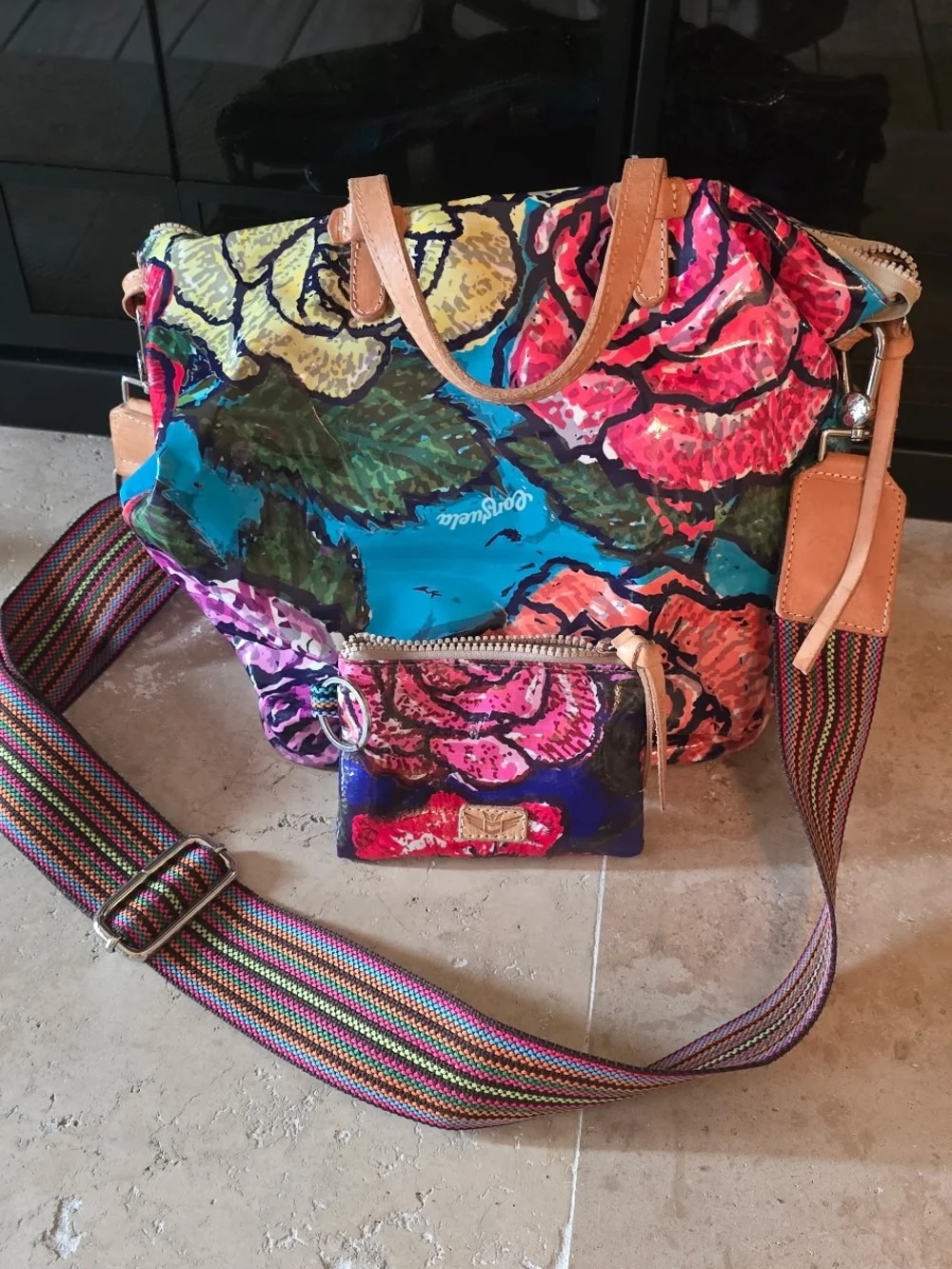 Consuela Multicolor Floral Tote with Striped Strap
